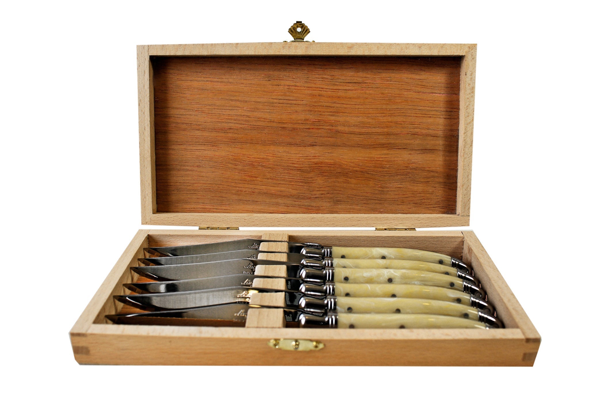 Laguiole 6 Piece Steak Knife Set, Platine Pale Horn in Wood Presentation Box