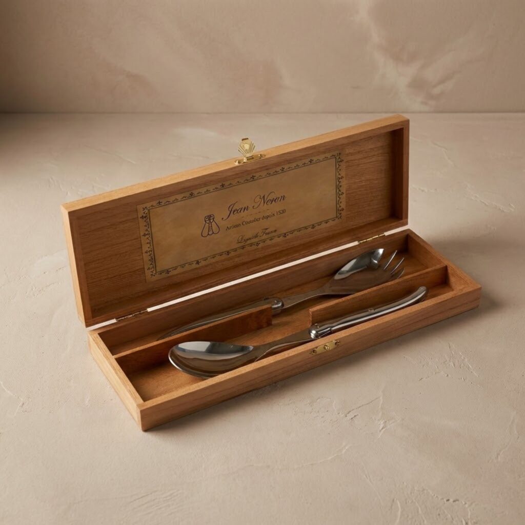 Laguiole Salad Serving Set, Platine Stainless Steel in wooden box