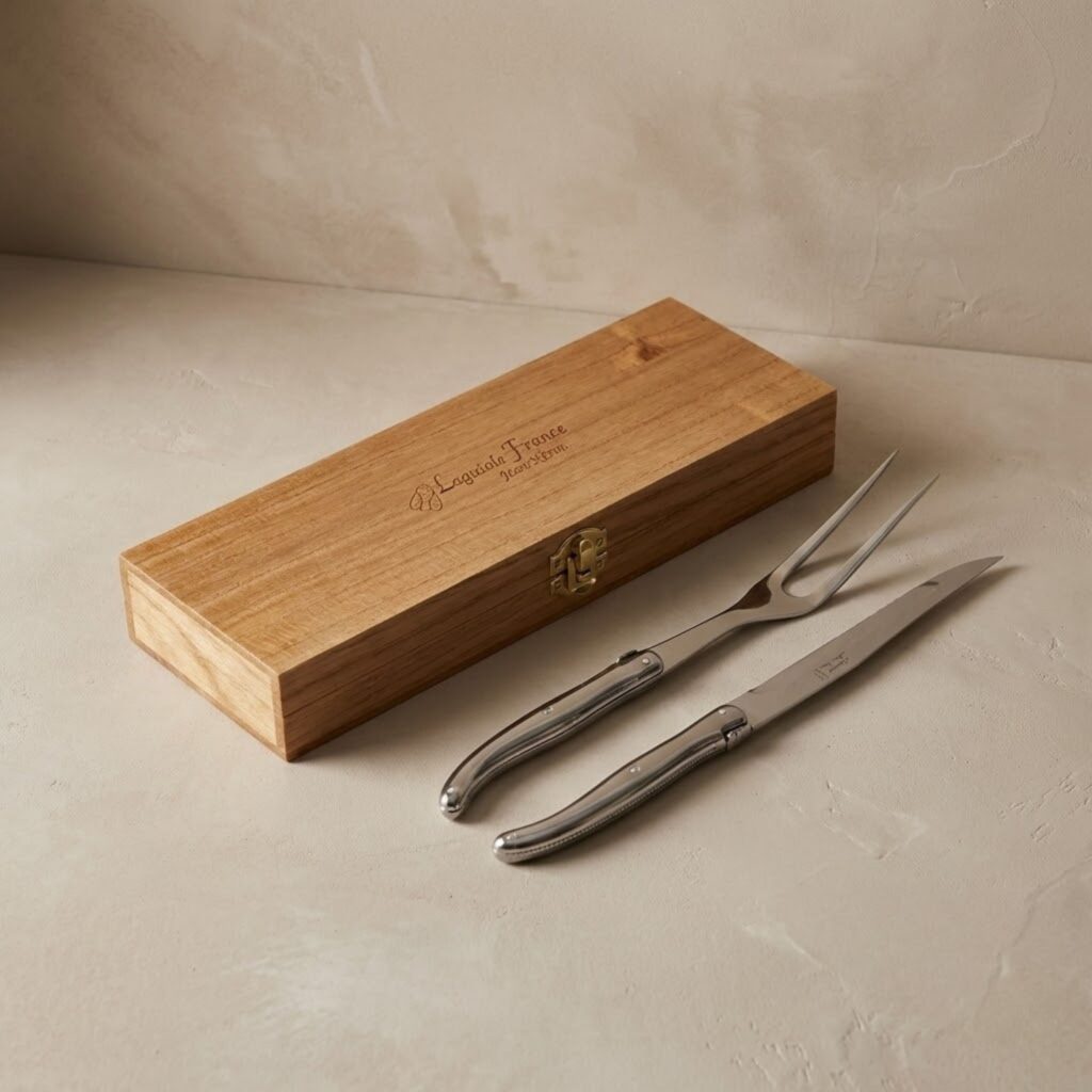 Laguiole Carving Set, Platine Stainless Steel in wooden box