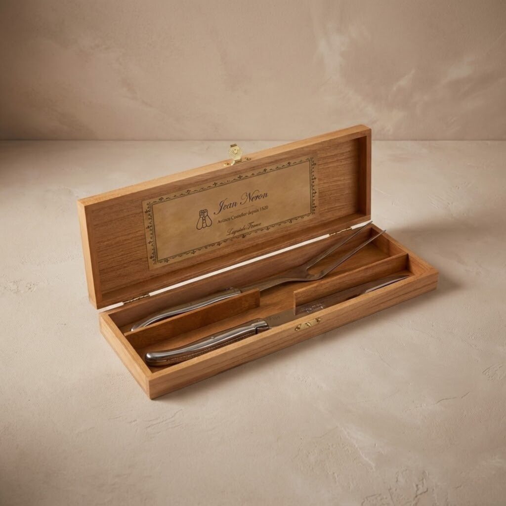 Laguiole Carving Set, Platine Stainless Steel in wooden box