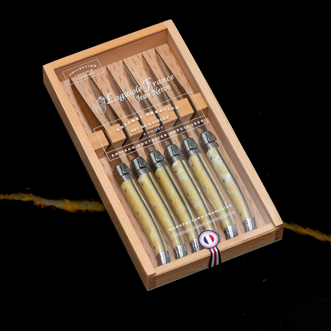 Laguiole 6 Piece Steak Knife Set, Platine Pale Horn in Wood Box with Acrylic Lid