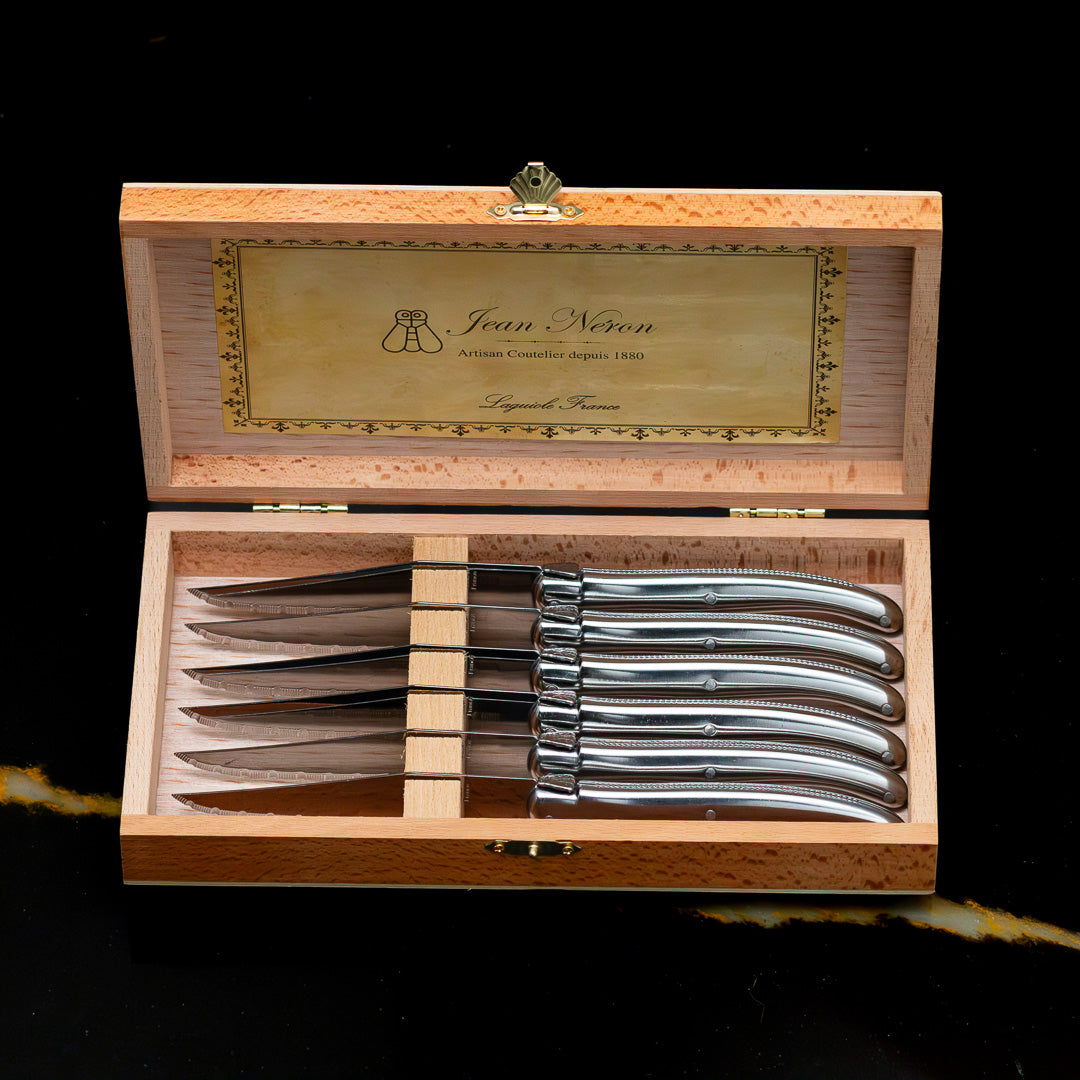 Laguiole 6 Piece Steak Knife Set, Platine Stainless Steel in Wood Presentation Box