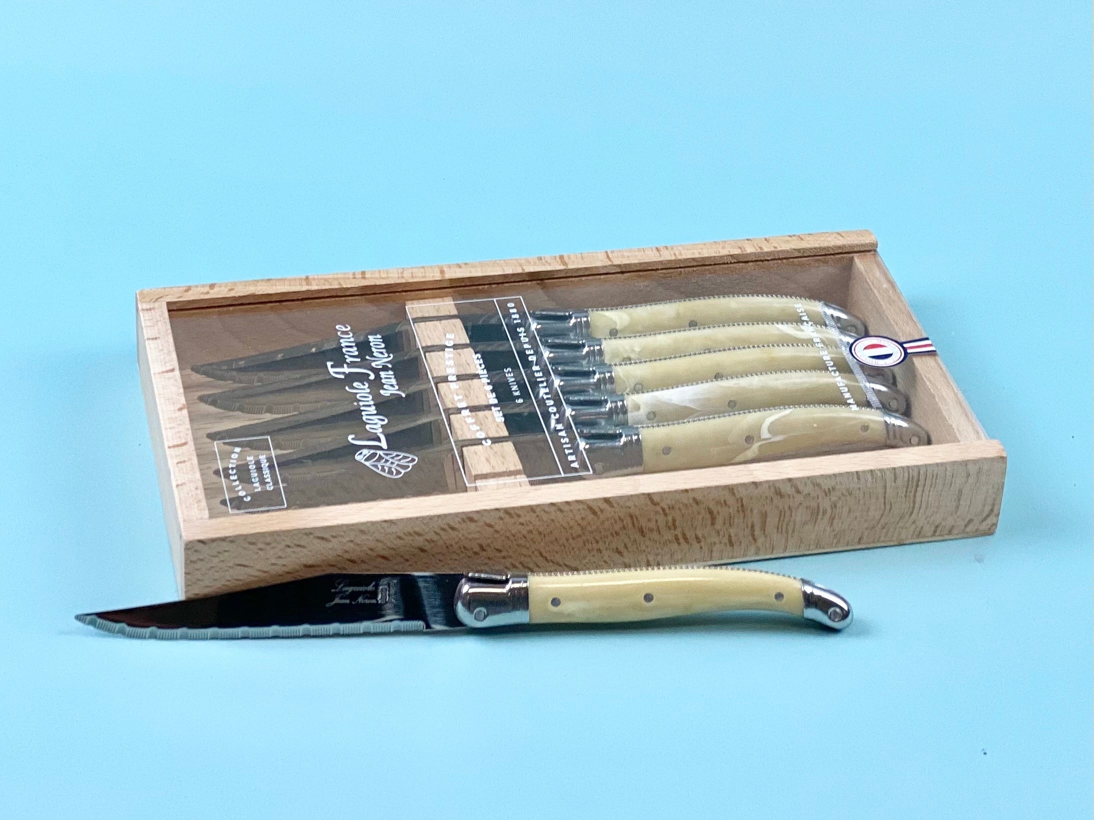 Laguiole 6 Piece Steak Knife Set, Platine Pale Horn in Wood Box with Acrylic Lid