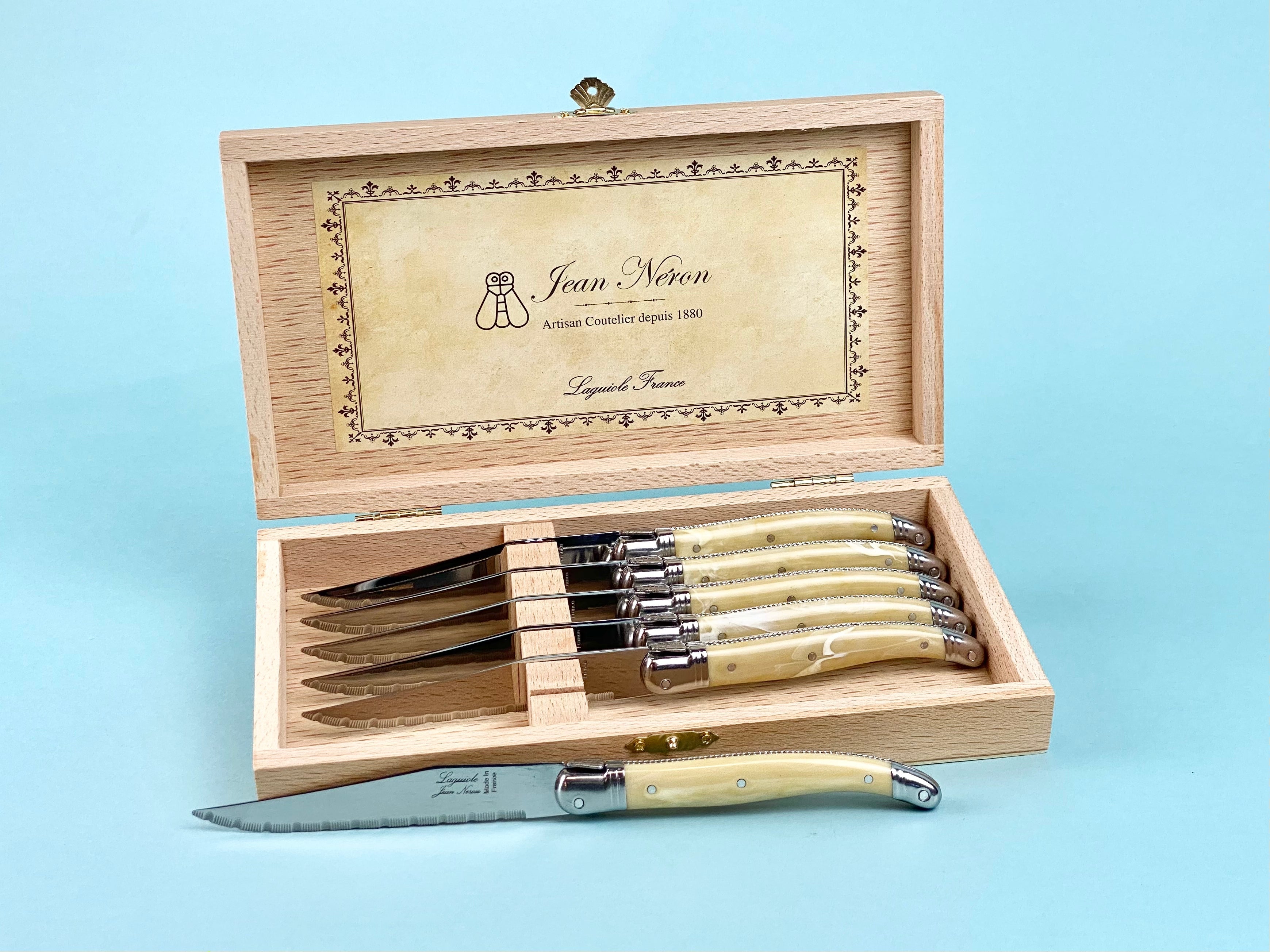 Laguiole 6 Piece Steak Knife Set, Platine Pale Horn in Wood Presentation Box