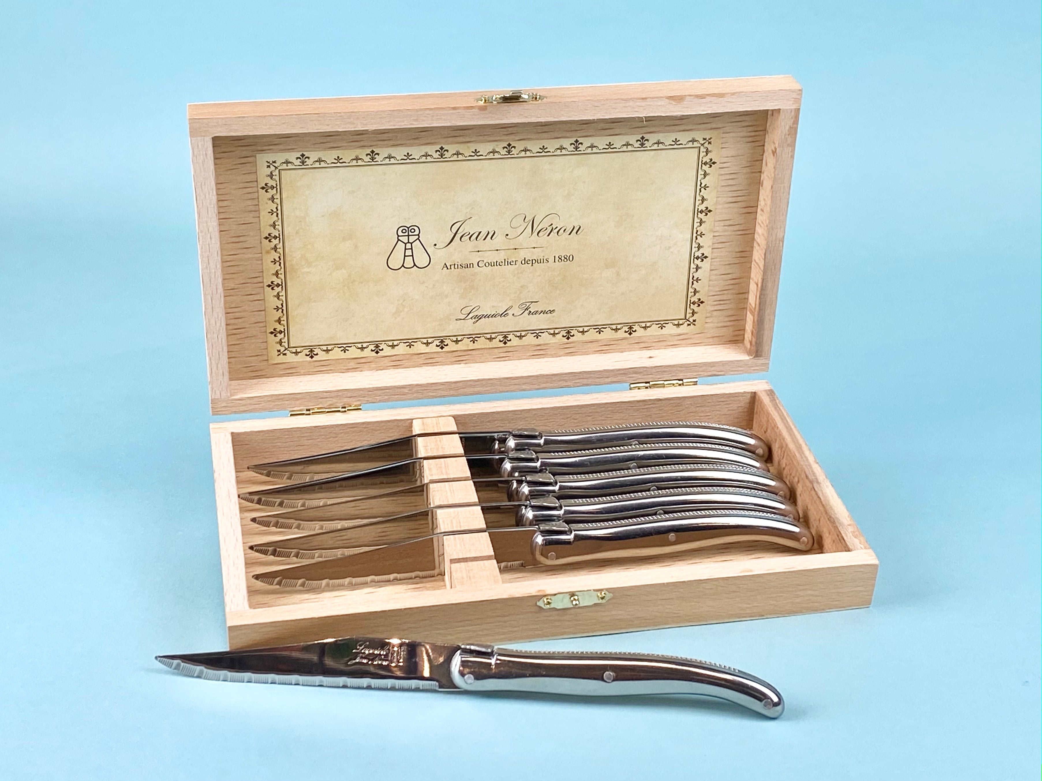 Laguiole 6 Piece Steak Knife Set, Platine Stainless Steel in Wood Presentation Box