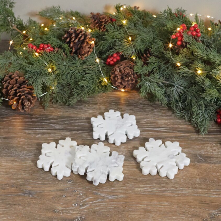White Marble Snowflake Coasters, Set of 4