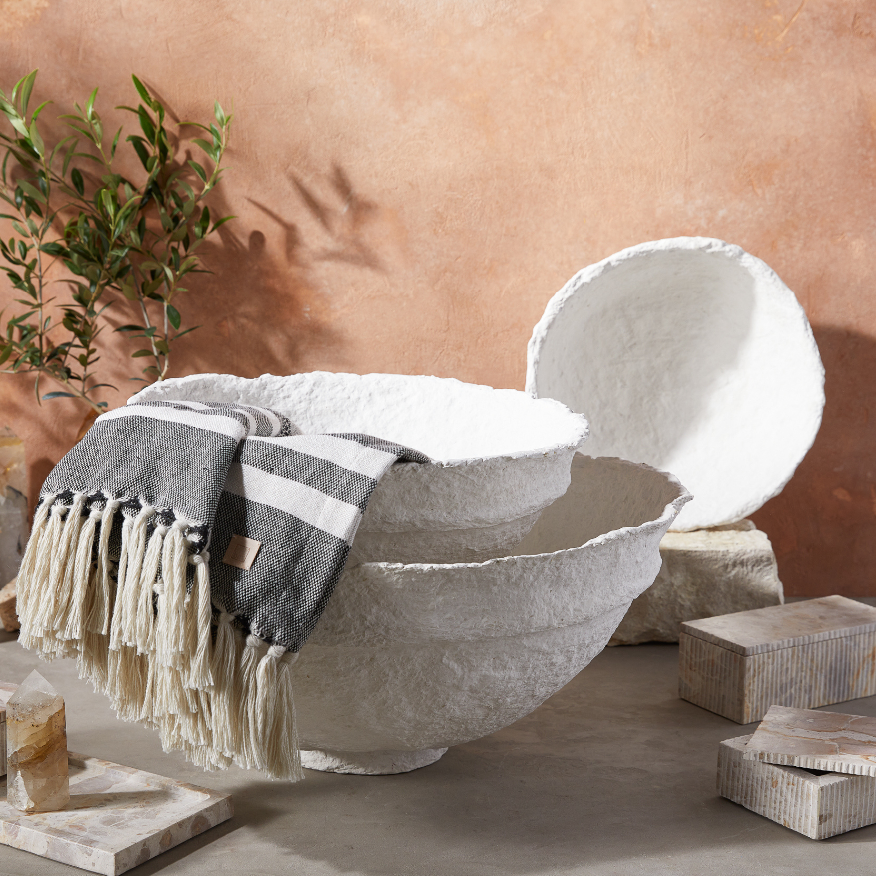 Koi Paper Mache Bowls, Set of 3, White