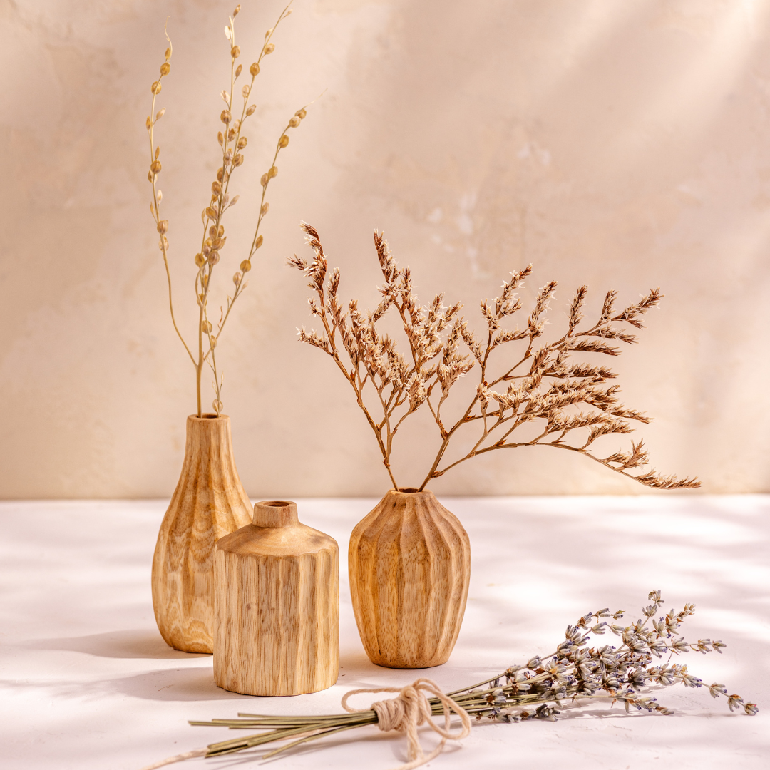 Kiln Mango Carved Mini Vases, Set of 3