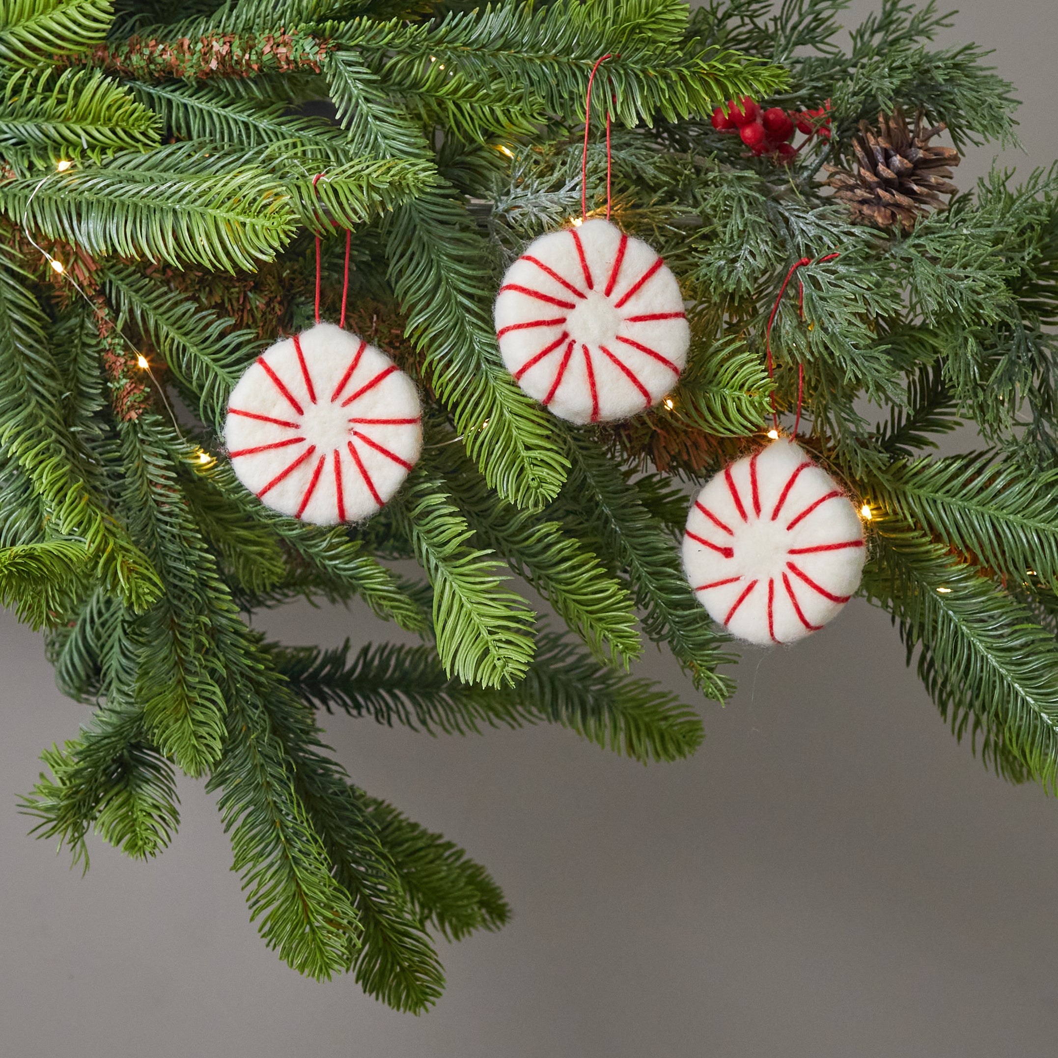 Wool Felt Peppermint Ornaments, Set of 3