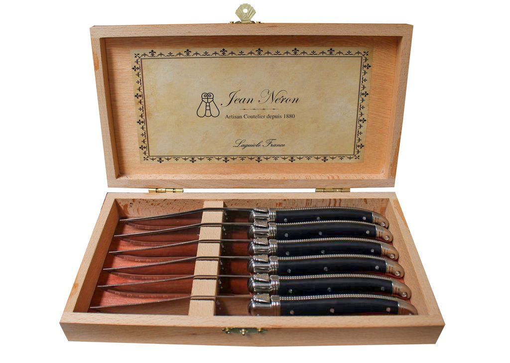 Laguiole 6 Piece Steak Knife Set, Platine Black in Wood Presentation Box