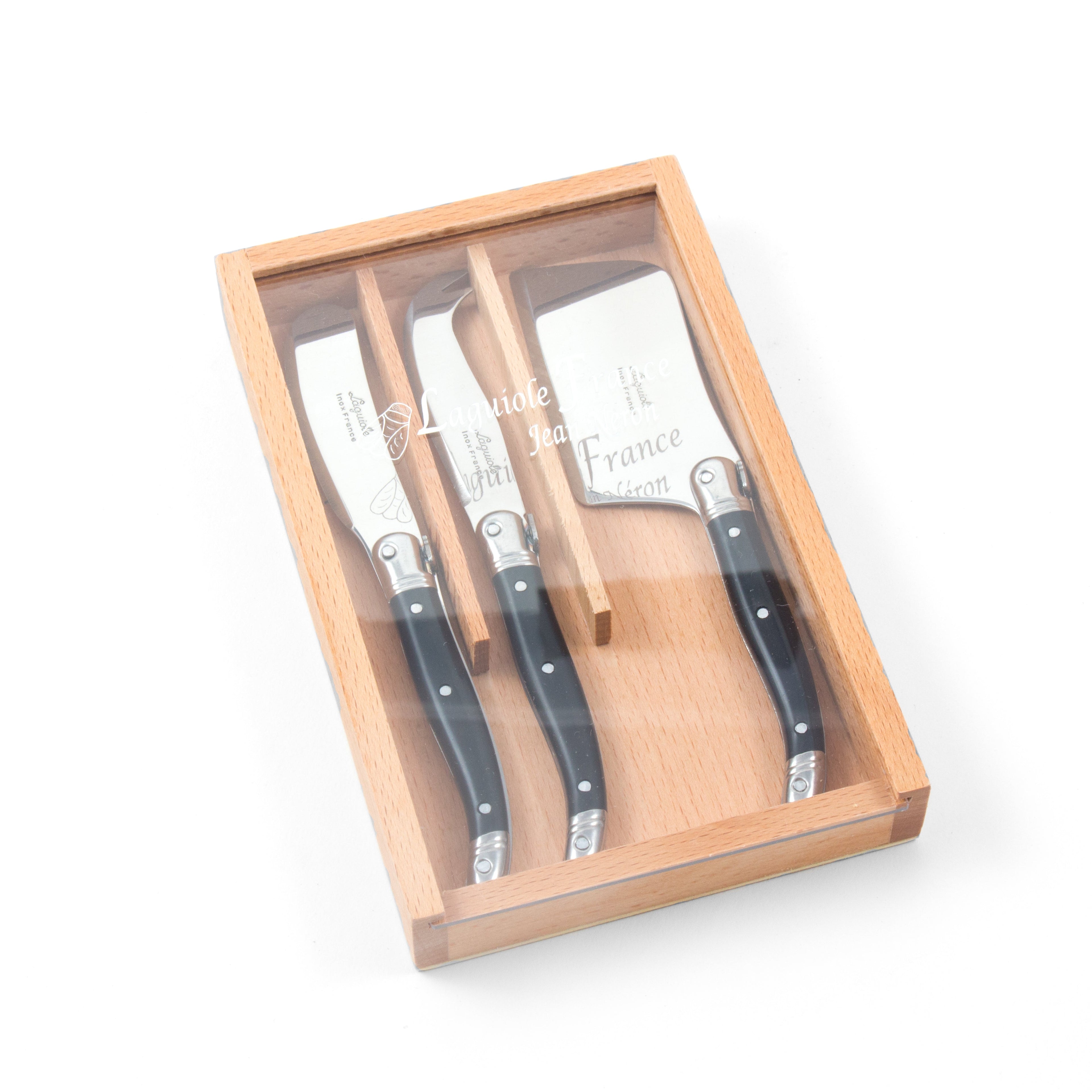 Laguiole 3 Piece Mini Cheese Utensil Set, Black in Wood Box with Acrylic Lid
