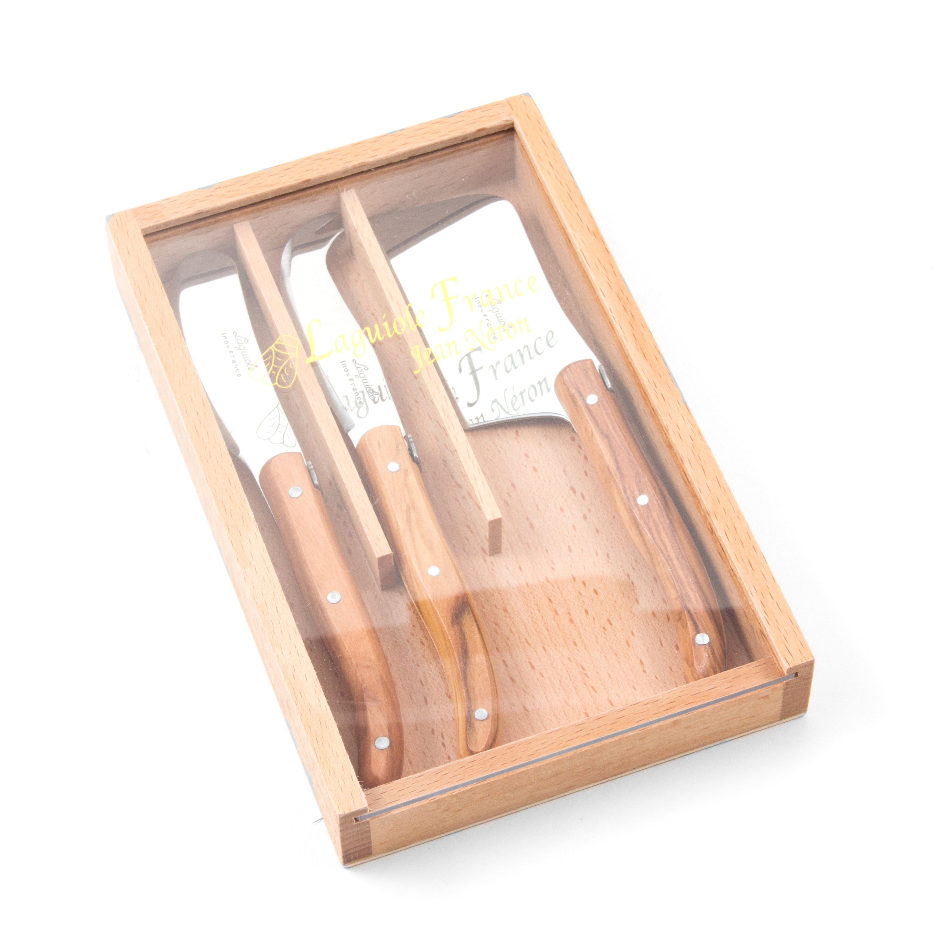 Laguiole 3 Piece Mini Cheese Utensil Set, Olivewood in Wood Box with Acrylic Lid