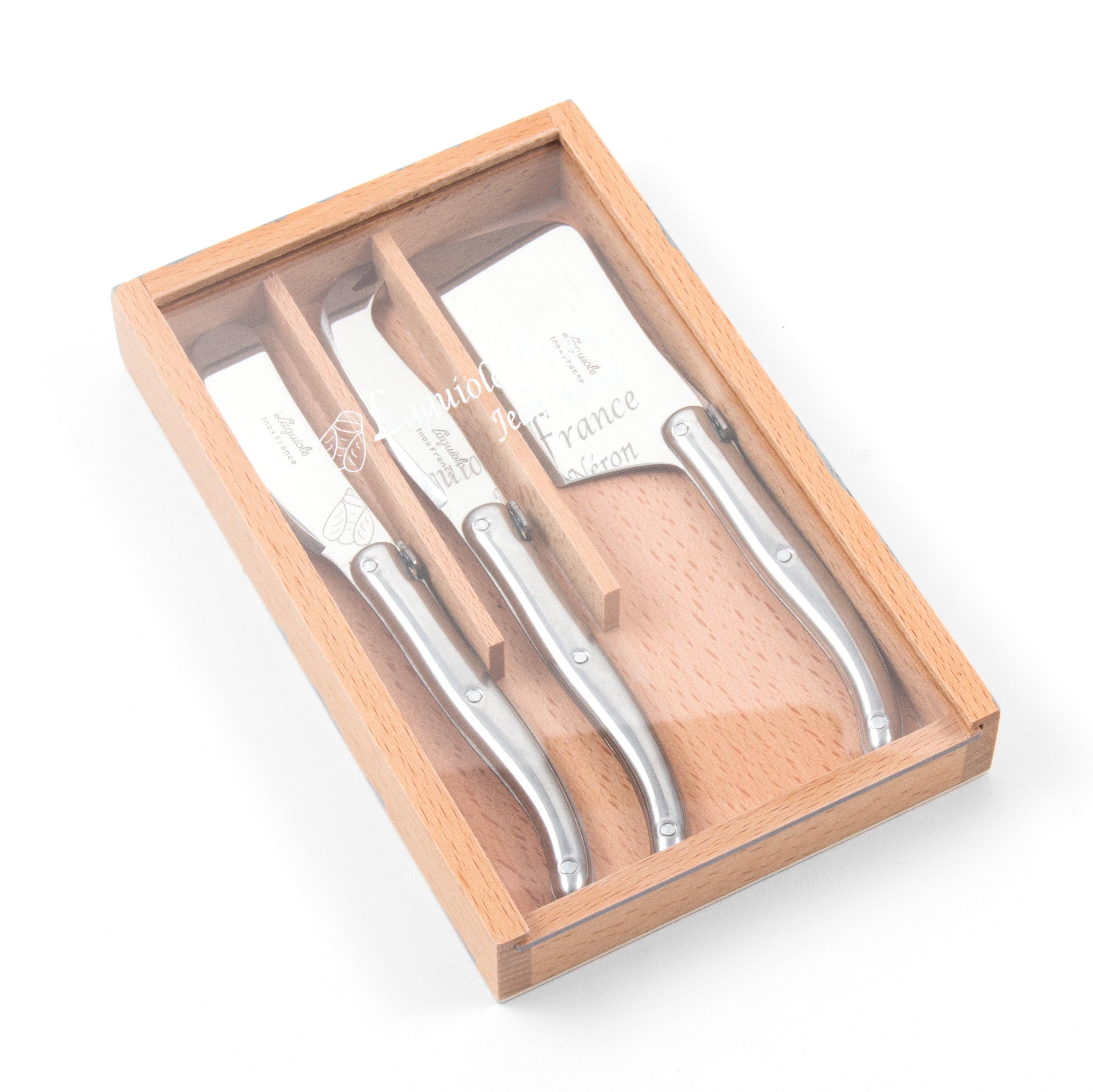 Laguiole 3 Piece Mini Cheese Utensil Set, Stainless Steel in Wood Box with Acrylic Lid