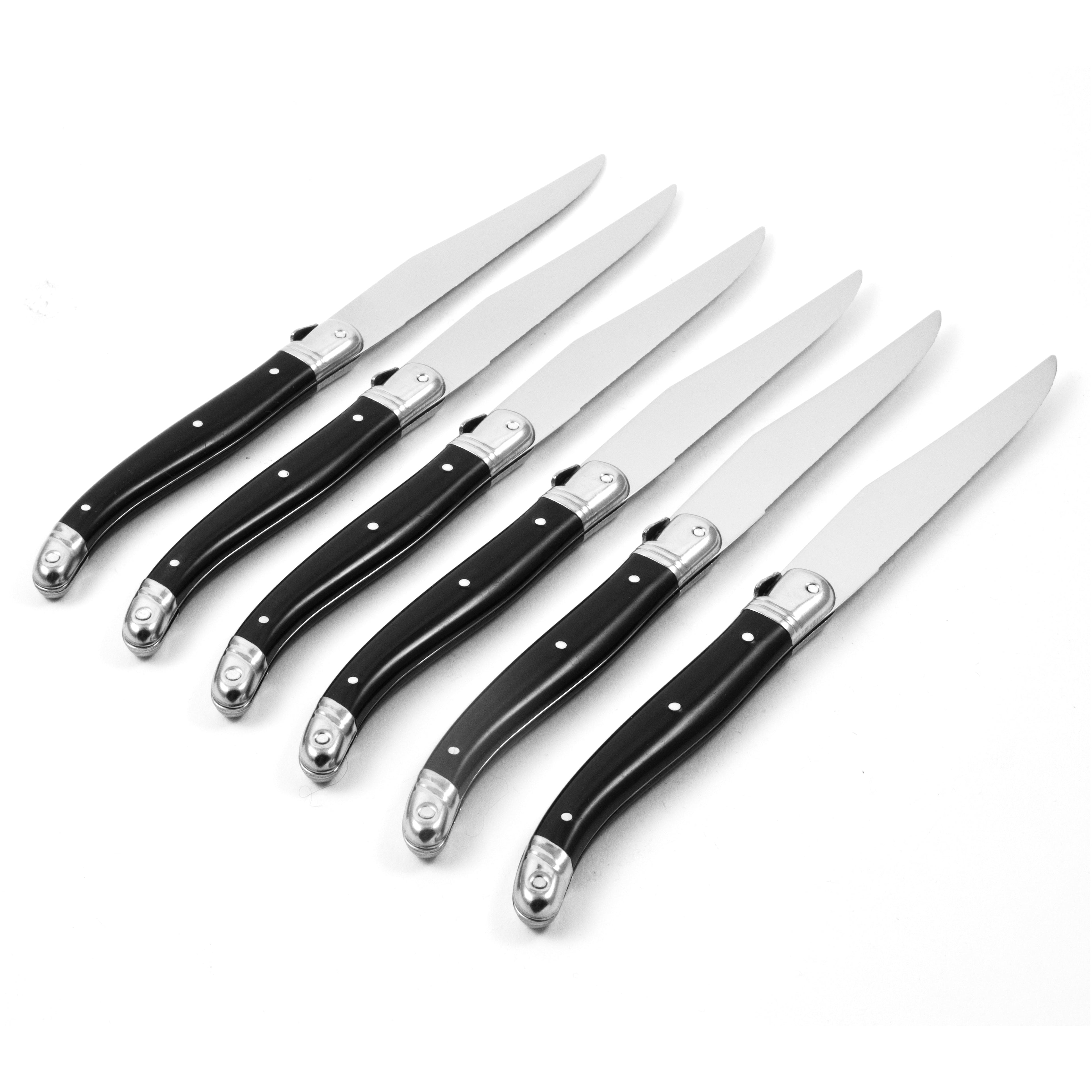 Laguiole 6 Piece Steak Knife Set, Platine Black in Wood Box with Acrylic Lid
