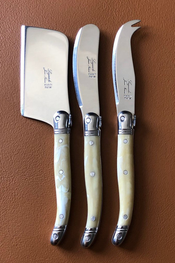 Laguiole 3 Piece Mini Cheese Utensil Set, Pale Horn in Wood Box with Acrylic Lid