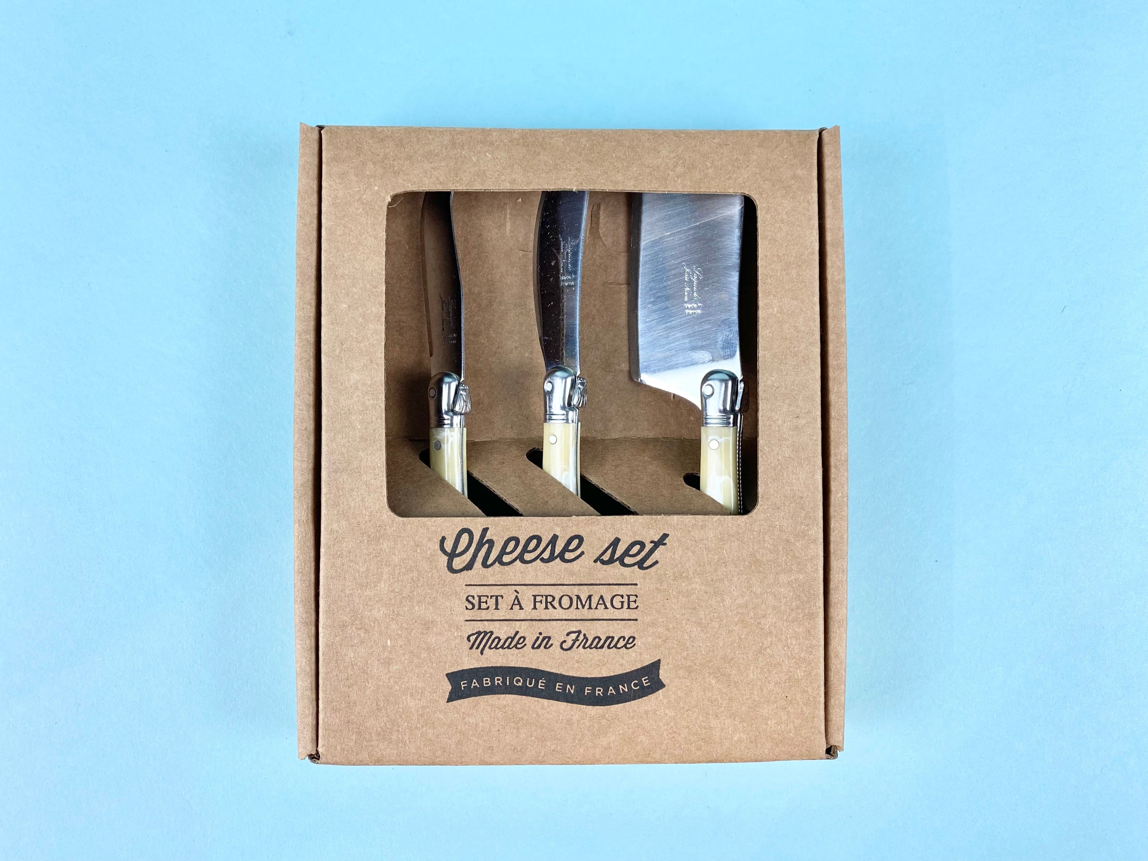 Laguiole 3 Piece Mini Cheese Utensil Set, Pale Horn in Kraft Paper Box