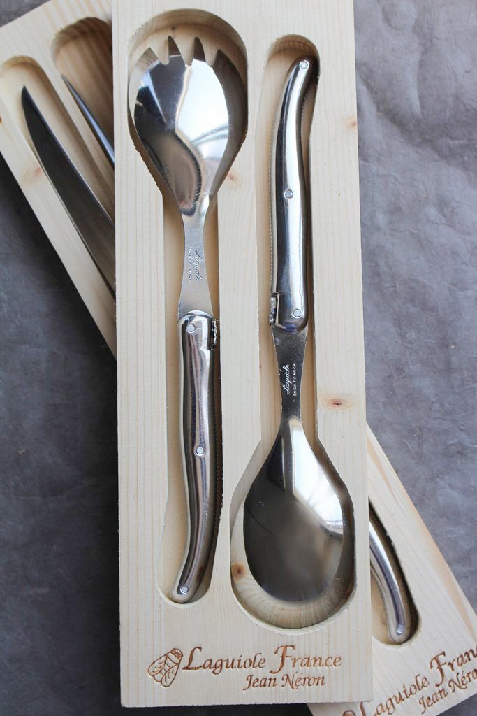 Laguiole Platine Salad Serving Set Stainless Steel in Wood Box (Set of 2) - French Dry Goods