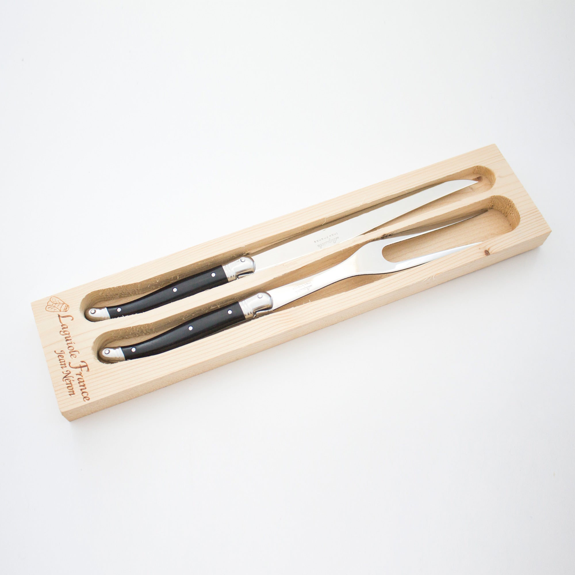 Laguiole Black Carving Set in Wood Box (Carving Knife and Carving Fork) - French Dry Goods