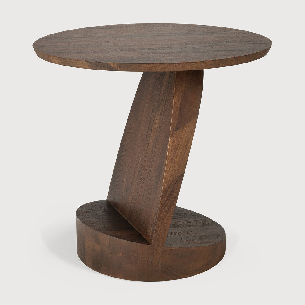 Oblic Side Table, Varnished Teak, Brown, Round