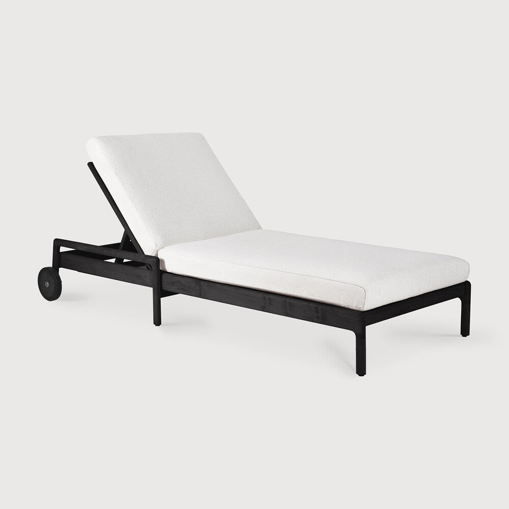 Jack Solid Black Teak Outdoor Adjustable Lounger, Off White Fabric