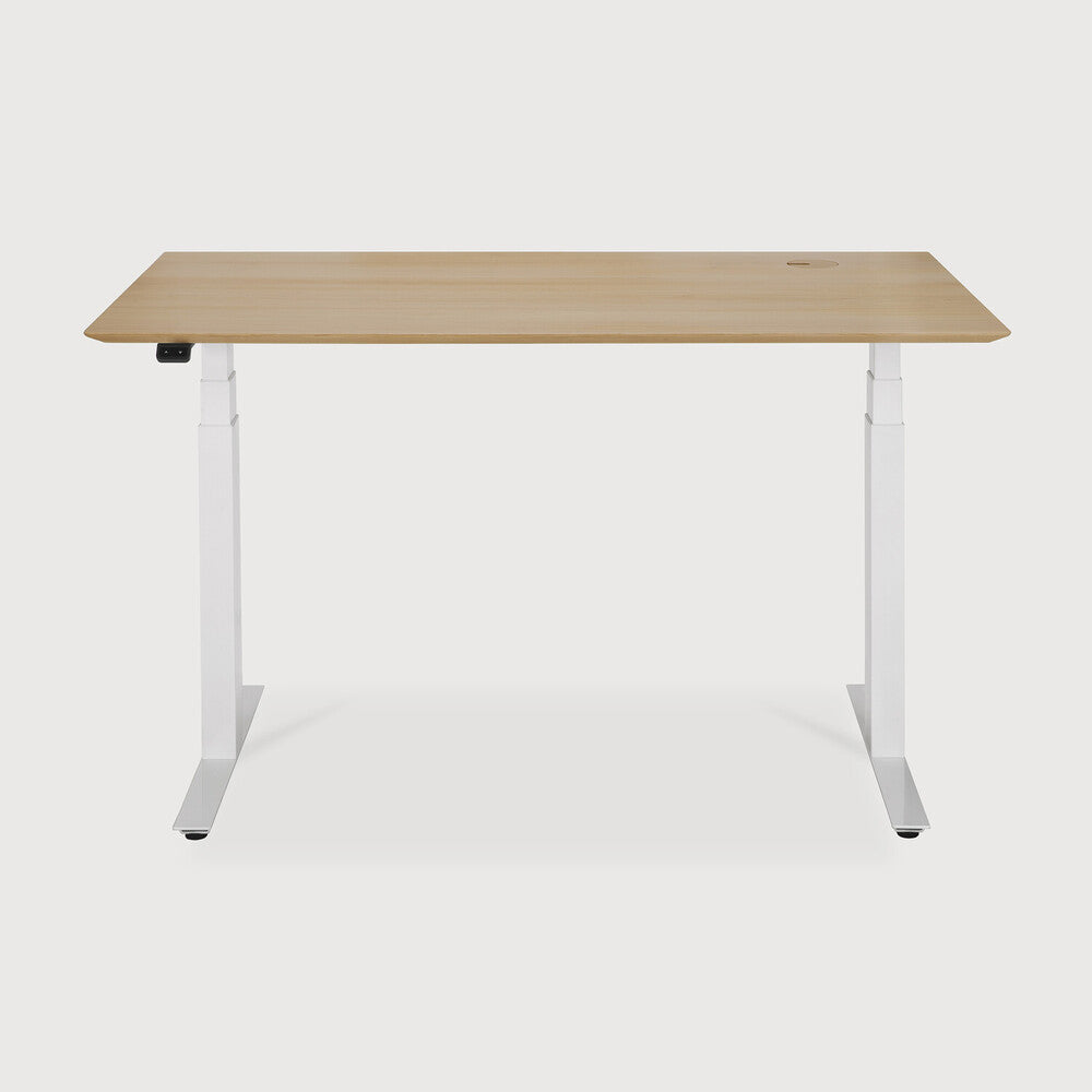 Bok adjustable desk - varnished oak top - white base - rectangular - with cable management - US