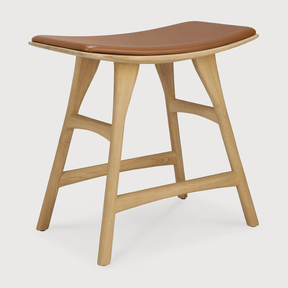 Osso Solid Oak Stool, Cognac Leather