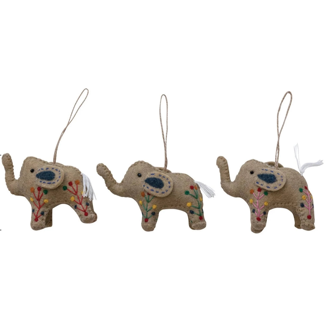 Wool Felt Elephant Ornaments, Set of 3