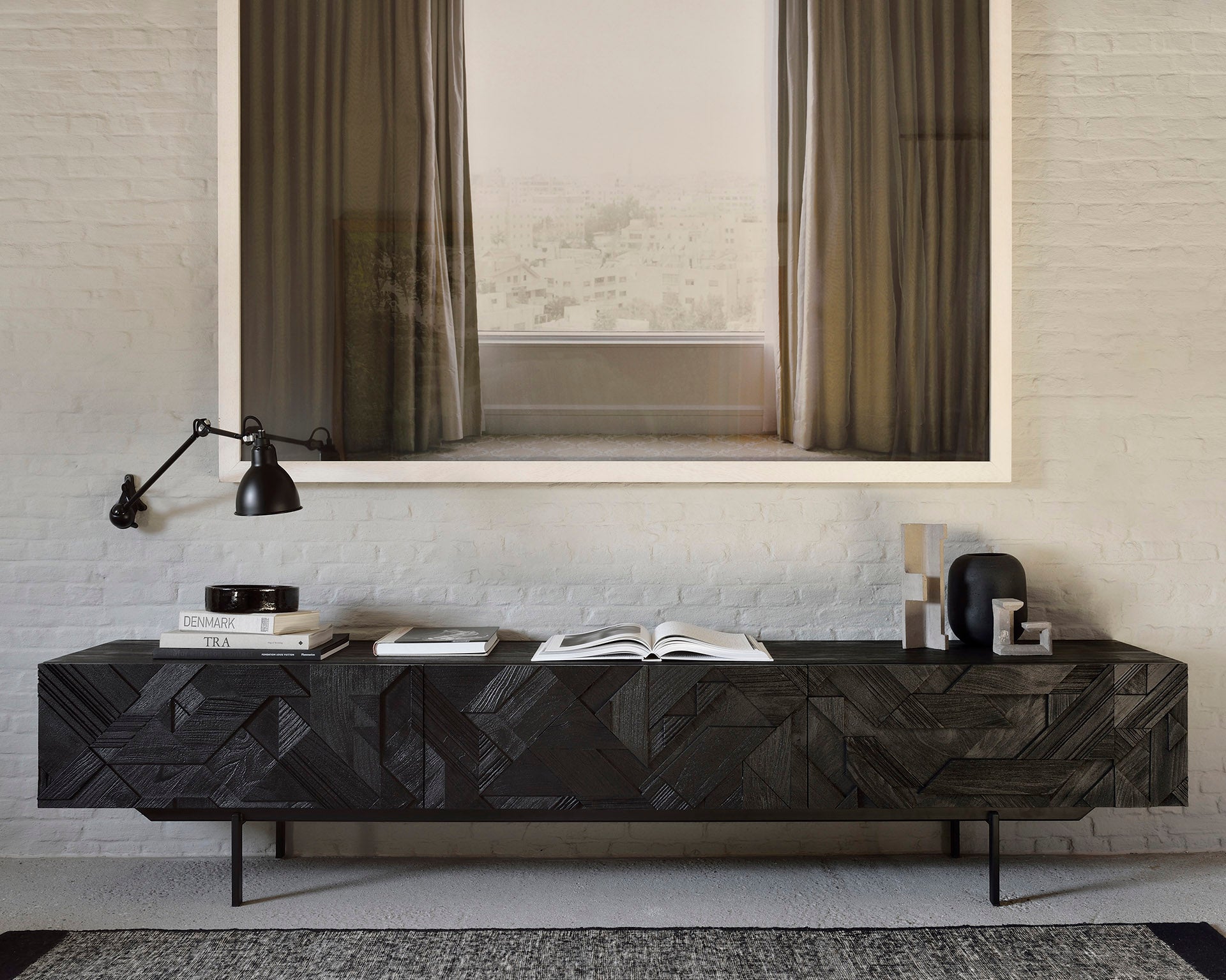 Graphic Solid Black Teak Media Console, 94.5"