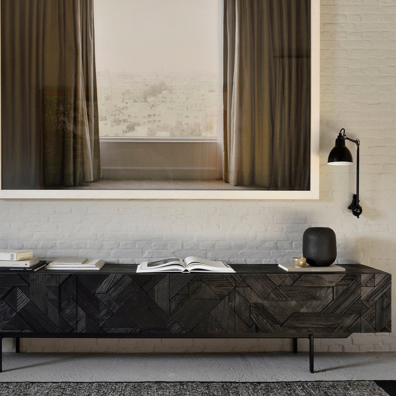 Graphic Solid Black Teak Media Console, 94.5"