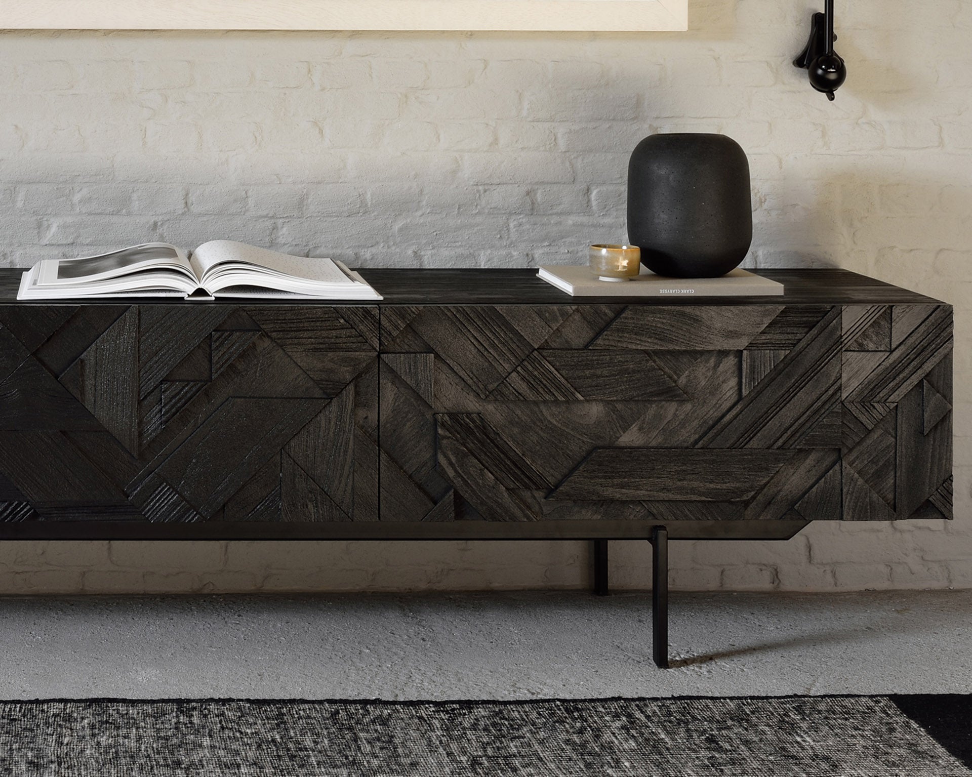 Graphic Solid Black Teak Media Console, 94.5"