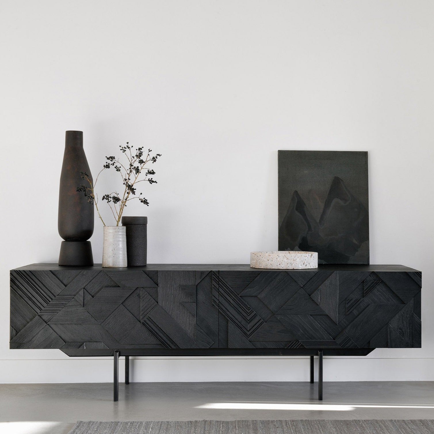 Graphic Solid Black Teak Media Console, 63"