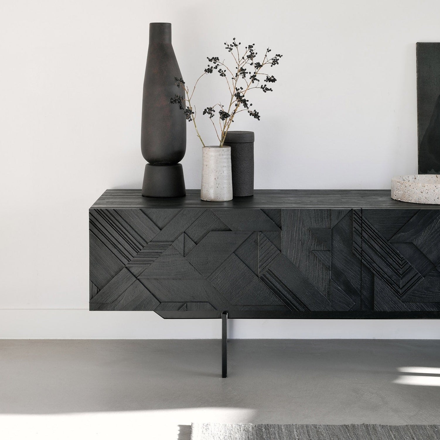 Graphic Solid Black Teak Media Console, 63"