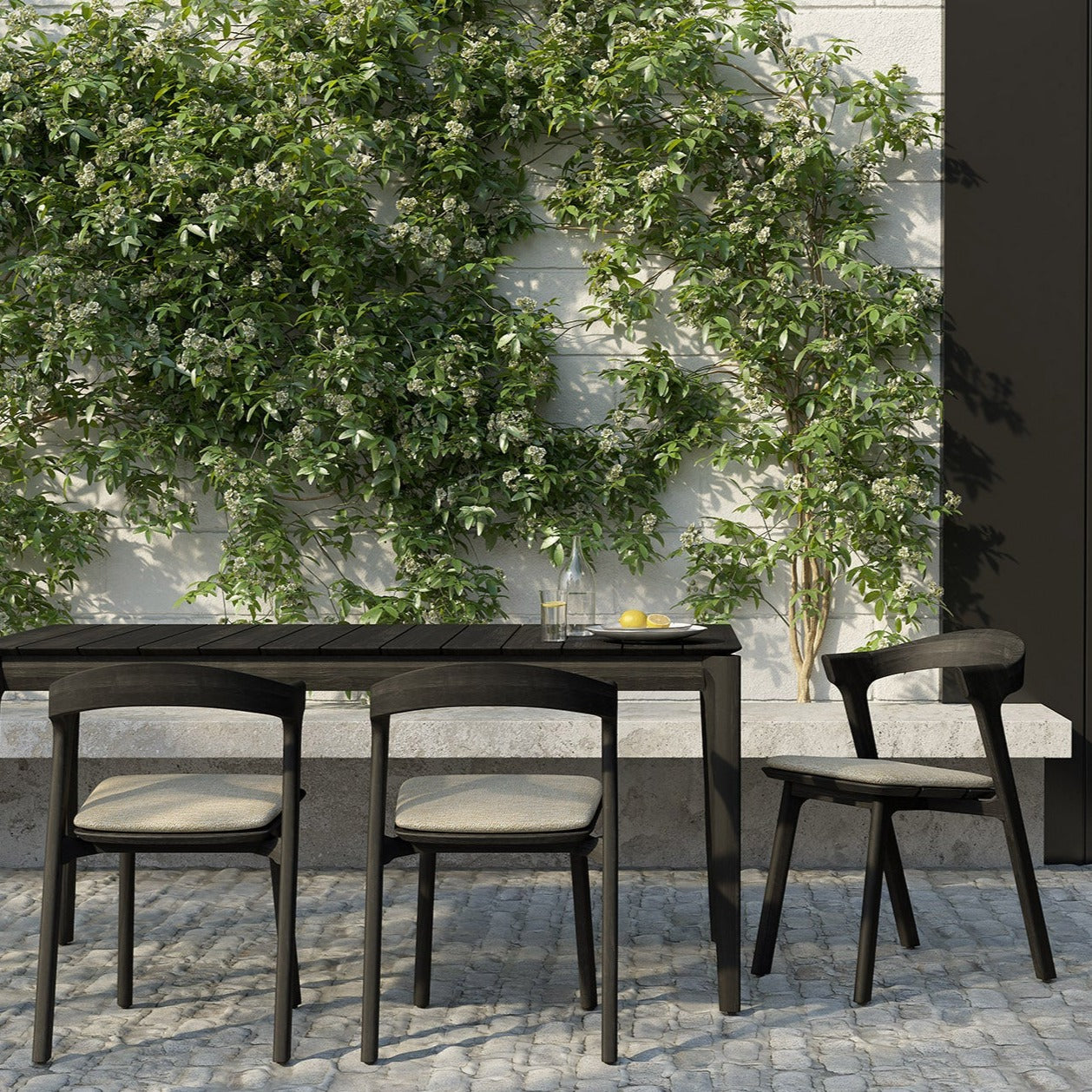 Bok Solid Black Teak Outdoor Dining Chair With Natural Fabric