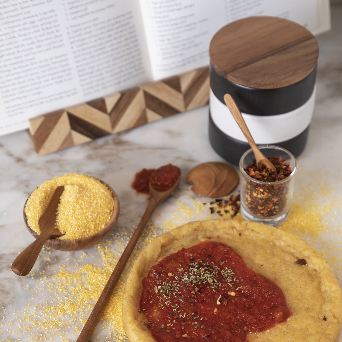 Glass Mini Cellar with Teak Lid & Spoon