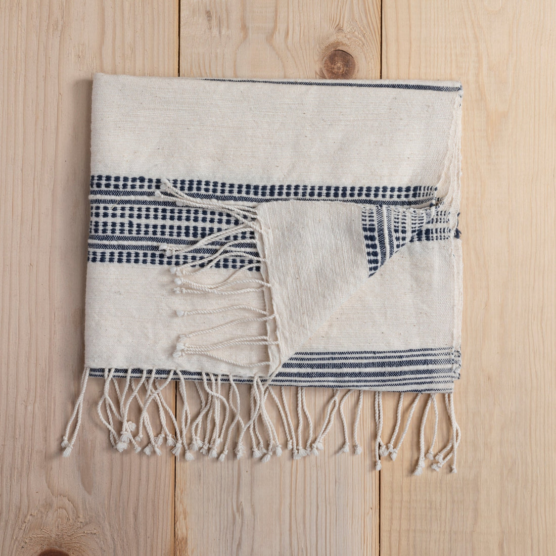 Aden Cotton Hand Towel, Natural with Navy