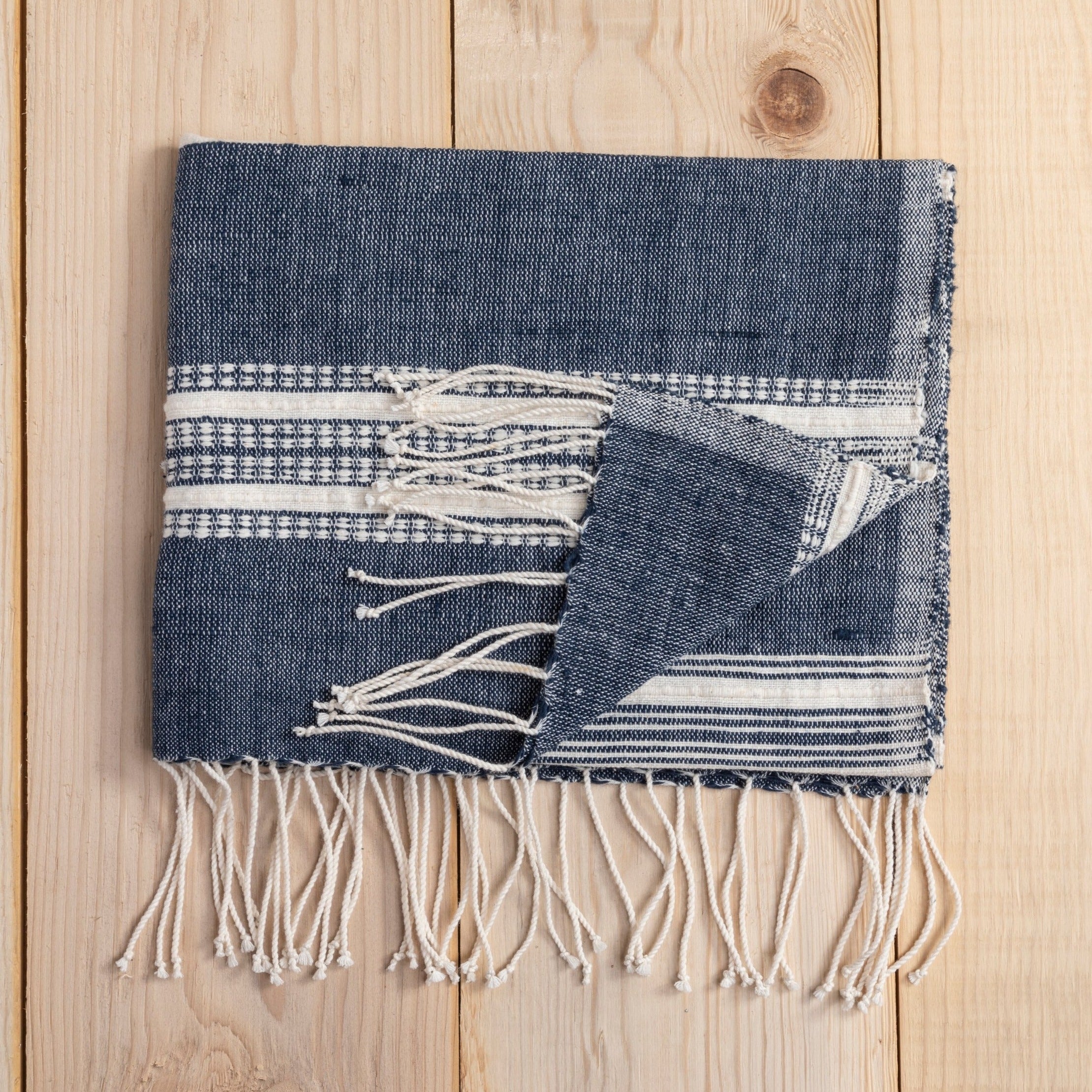 Aden Cotton Hand Towel, Navy with Natural