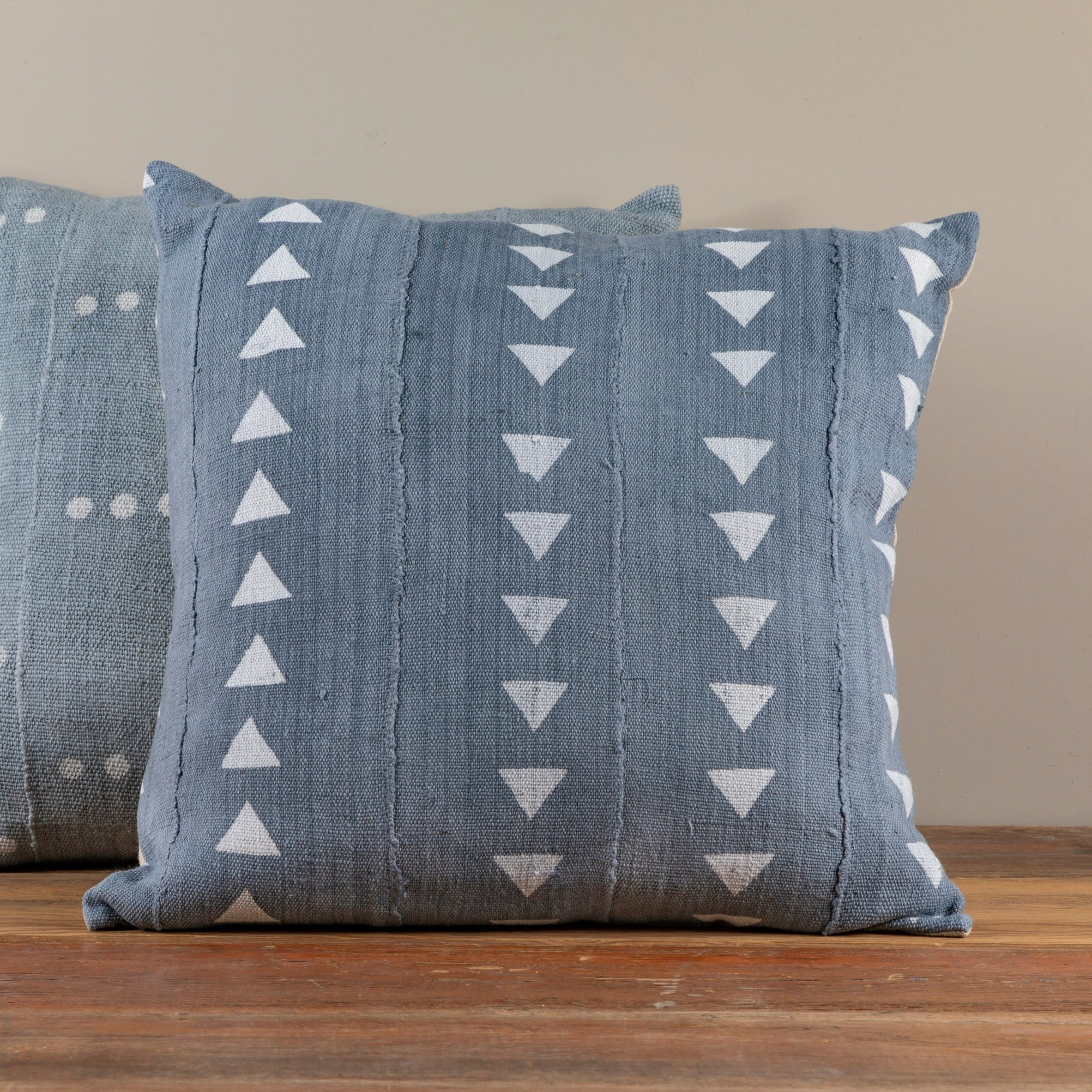 Mud Cloth Square Pillow, Blue / Grey with Triangles