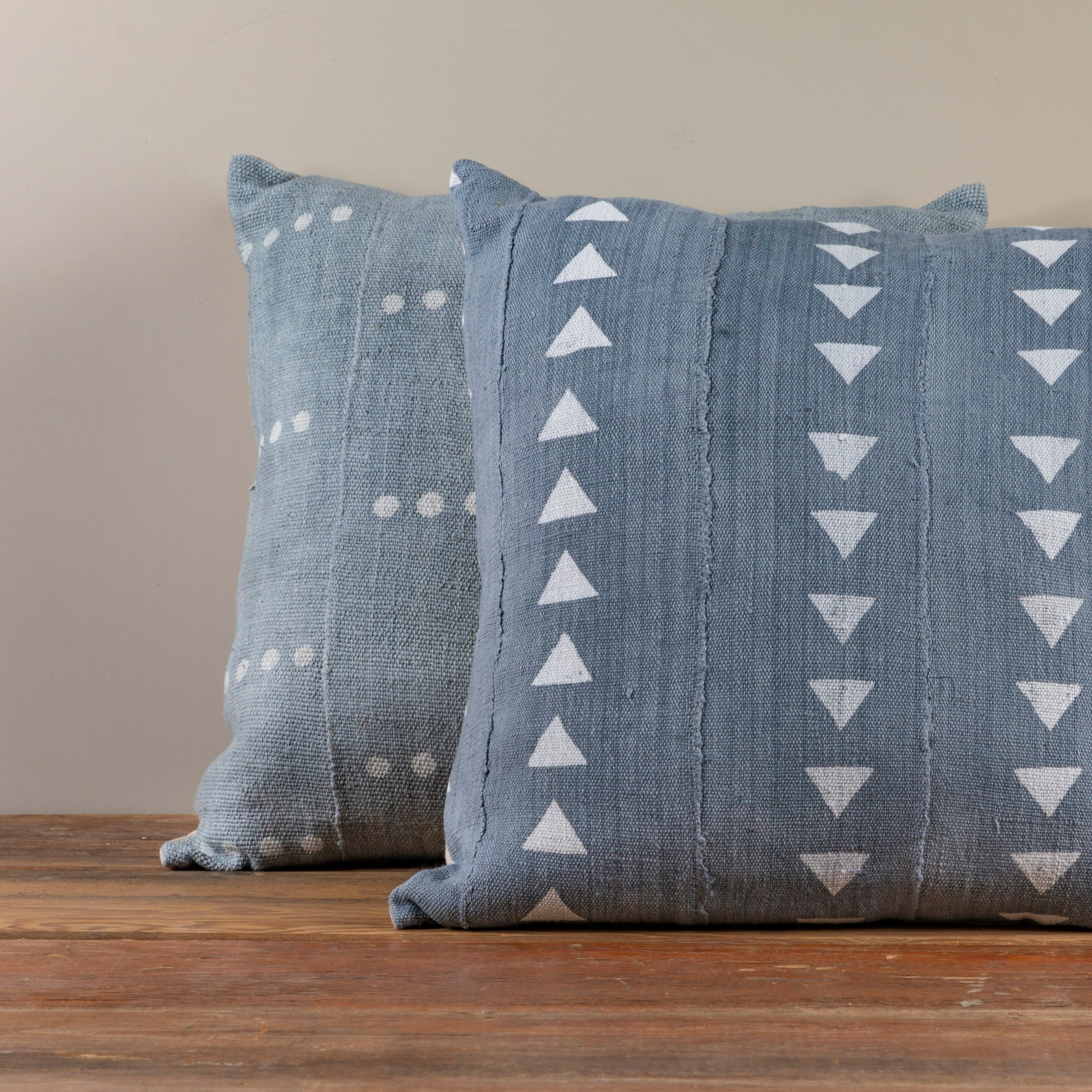 Mud Cloth Square Pillow, Blue / Grey with Dots