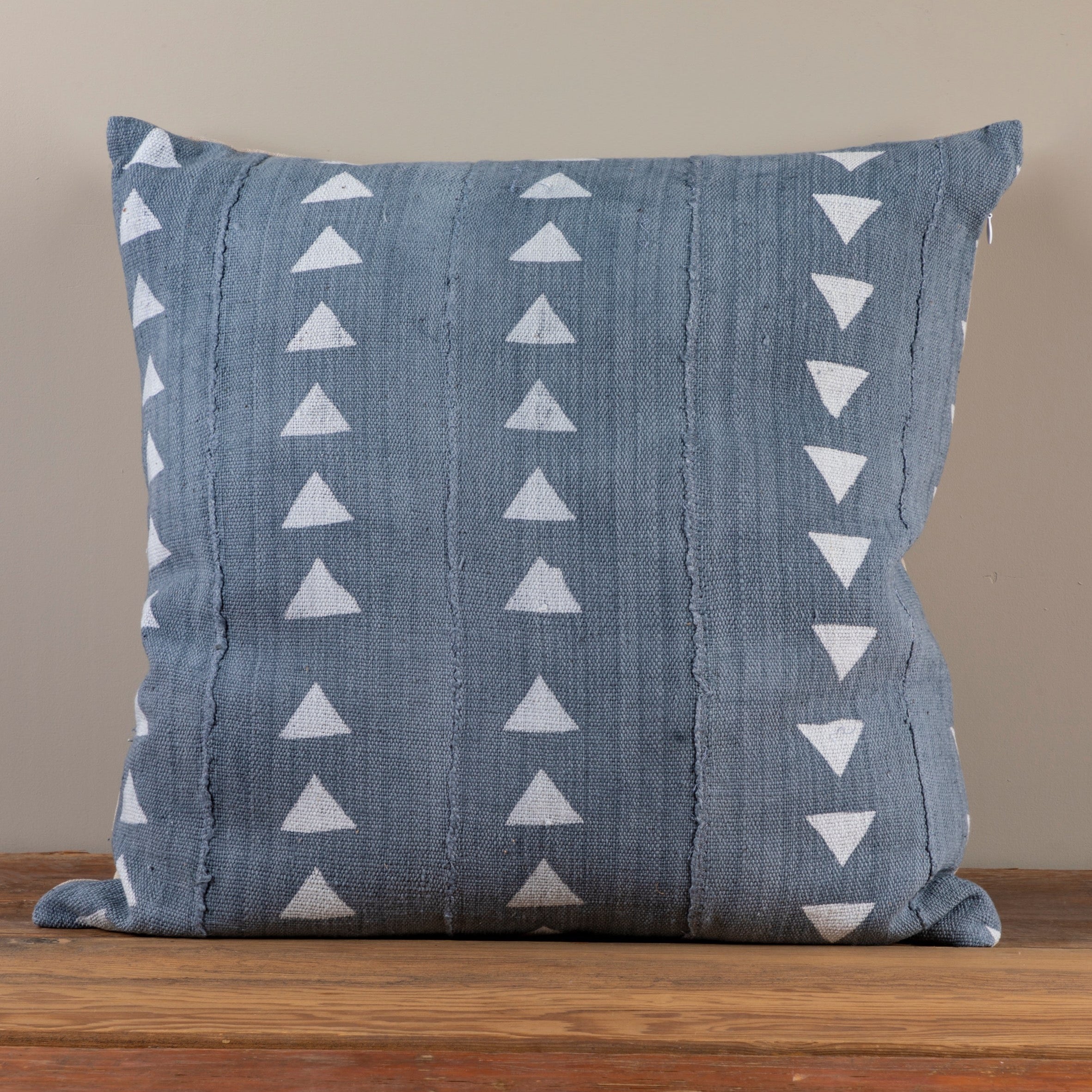 Mud Cloth Square Pillow, Blue / Grey with Triangles