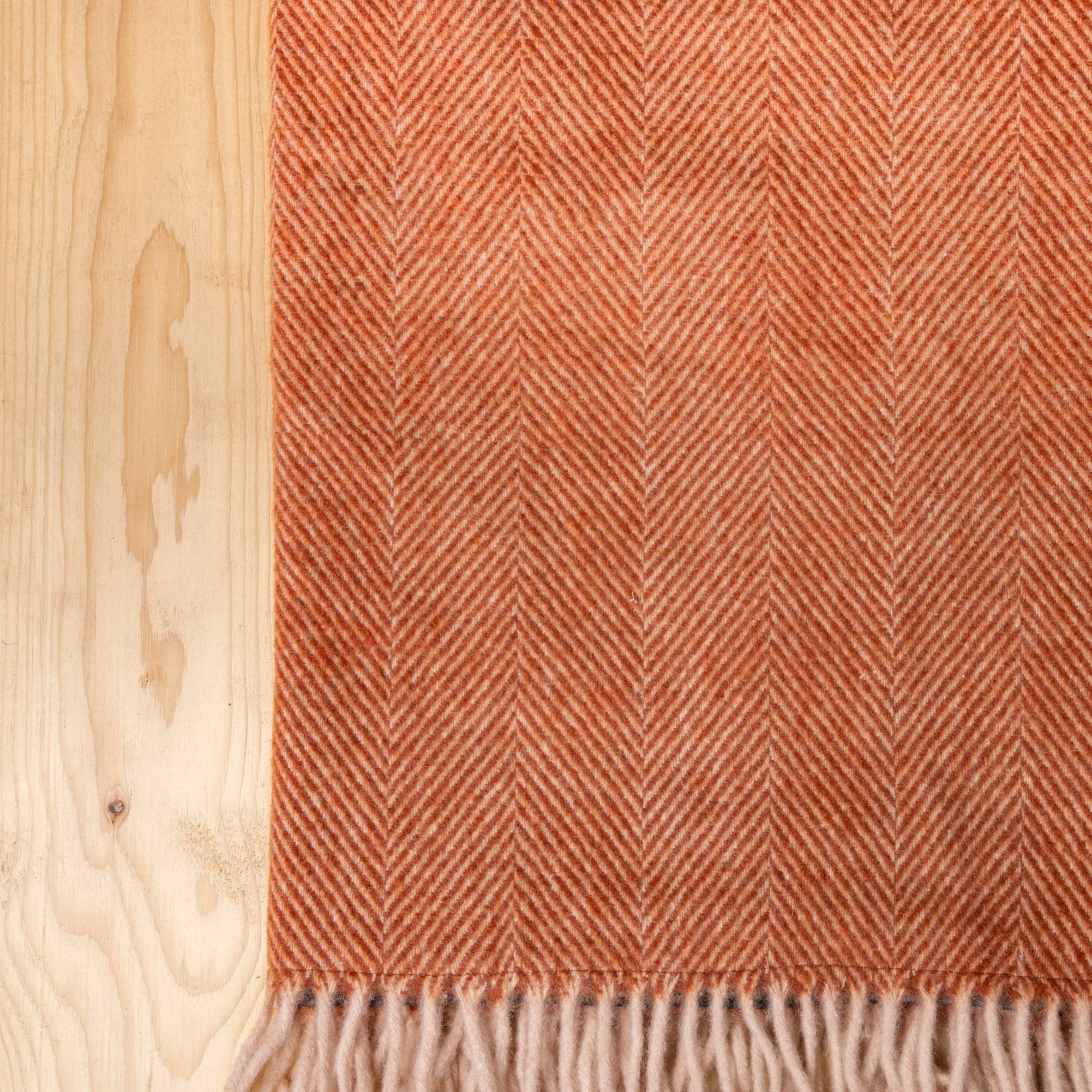 Recycled Wool Waterproof Picnic Blanket in Rust Herringbone - Brown Leather