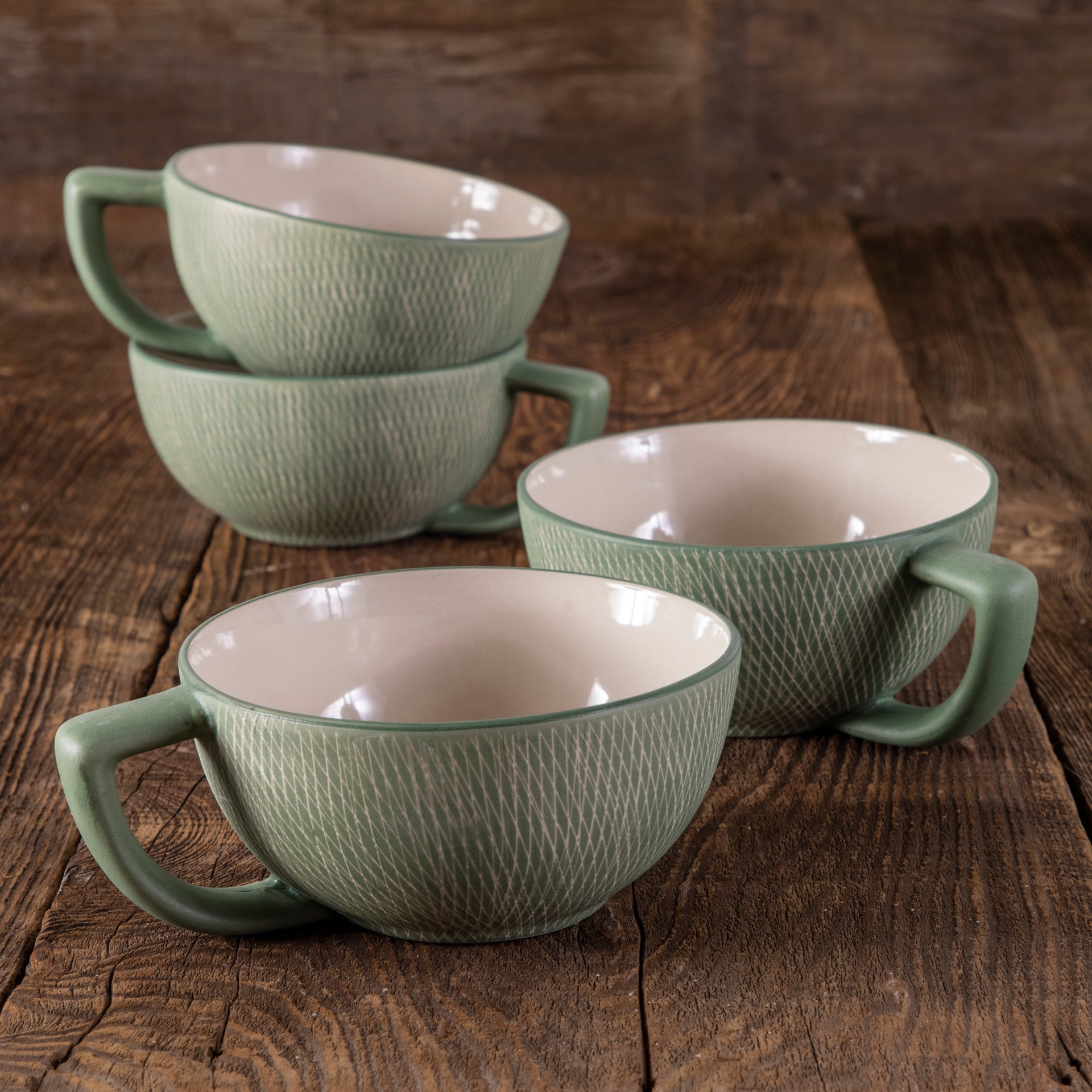 Jade Crosshatch Latte Mugs, Set of 4