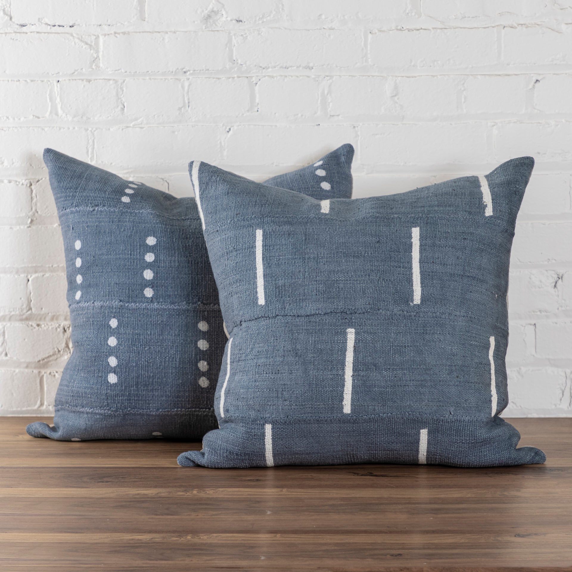 Mud Cloth Square Pillow, Blue / Grey with Dash Pattern
