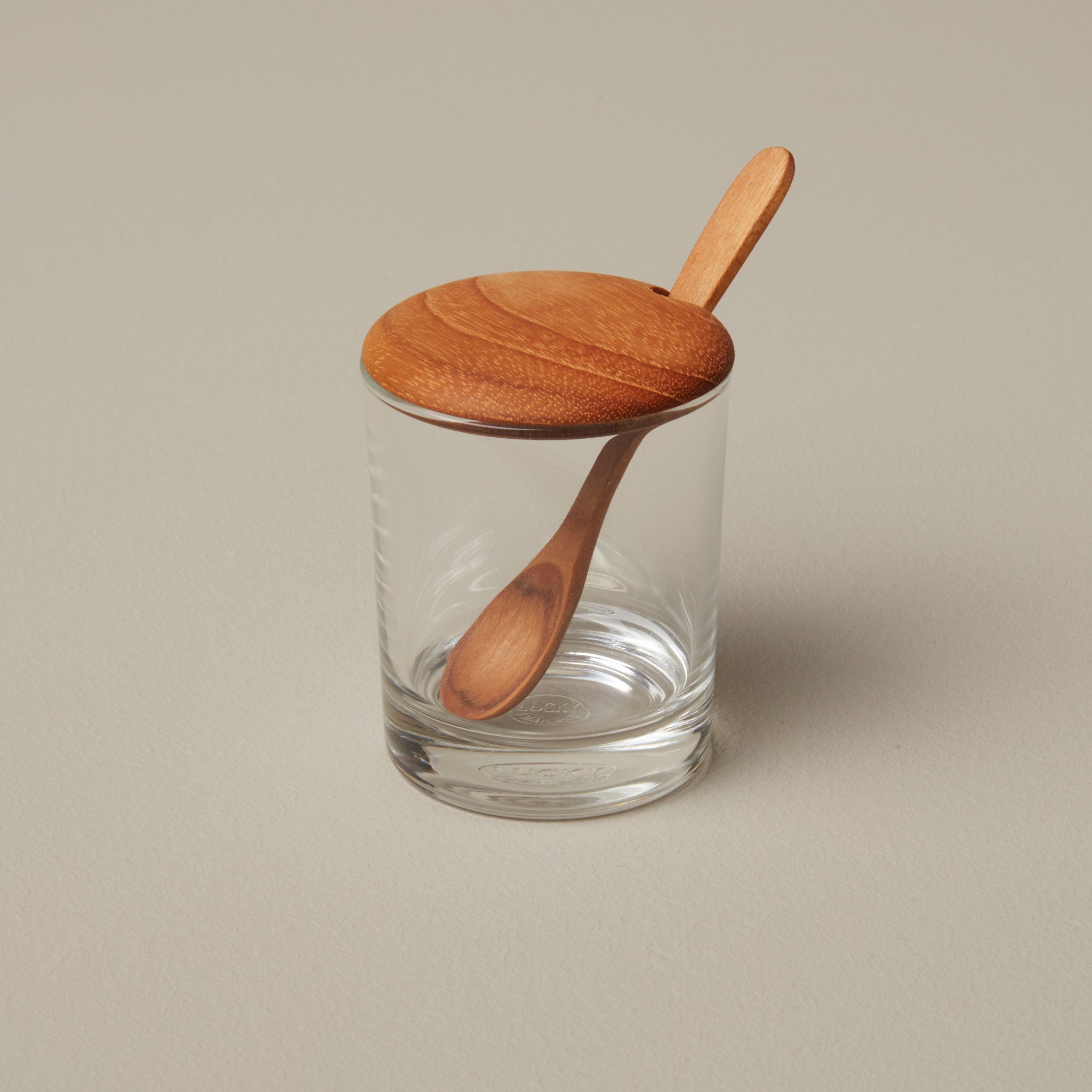 Glass Mini Cellar with Teak Lid & Spoon
