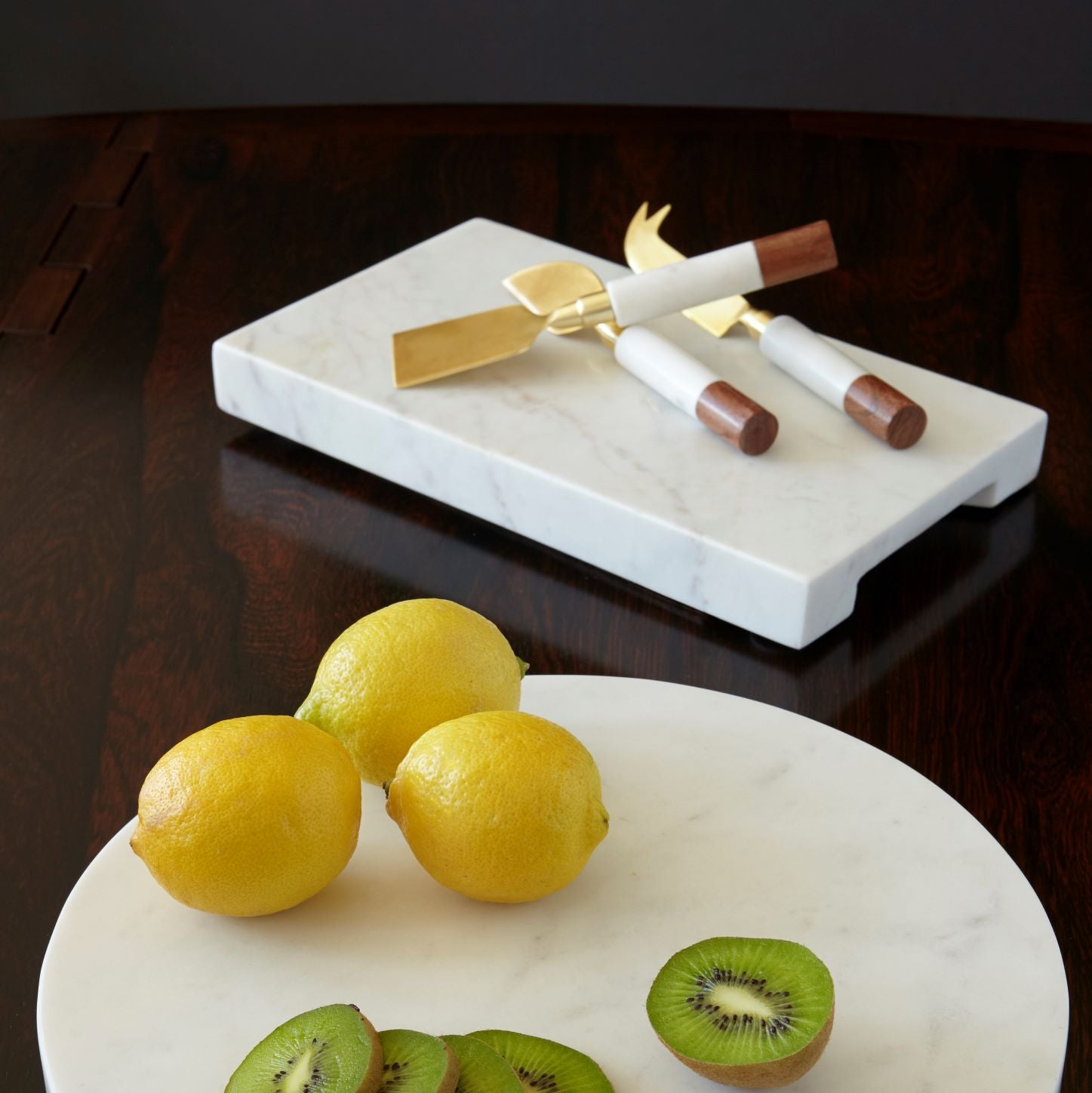 White Marble & Acacia Gold Cheese Set