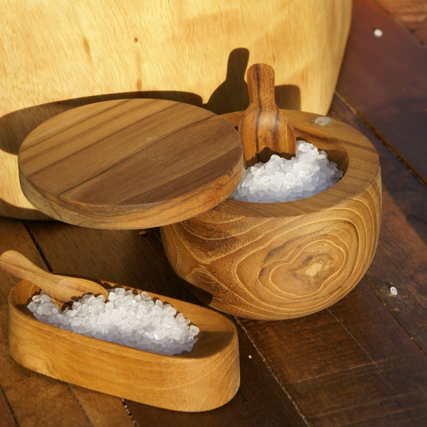 Teak Cellar with Spoon & Pivoting Lid