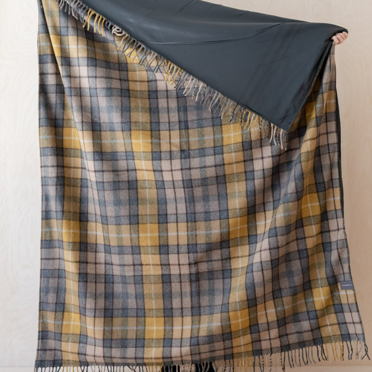 Recycled Wool Waterproof Picnic Blanket in Buchanan Natural Tartan - Brown Leather