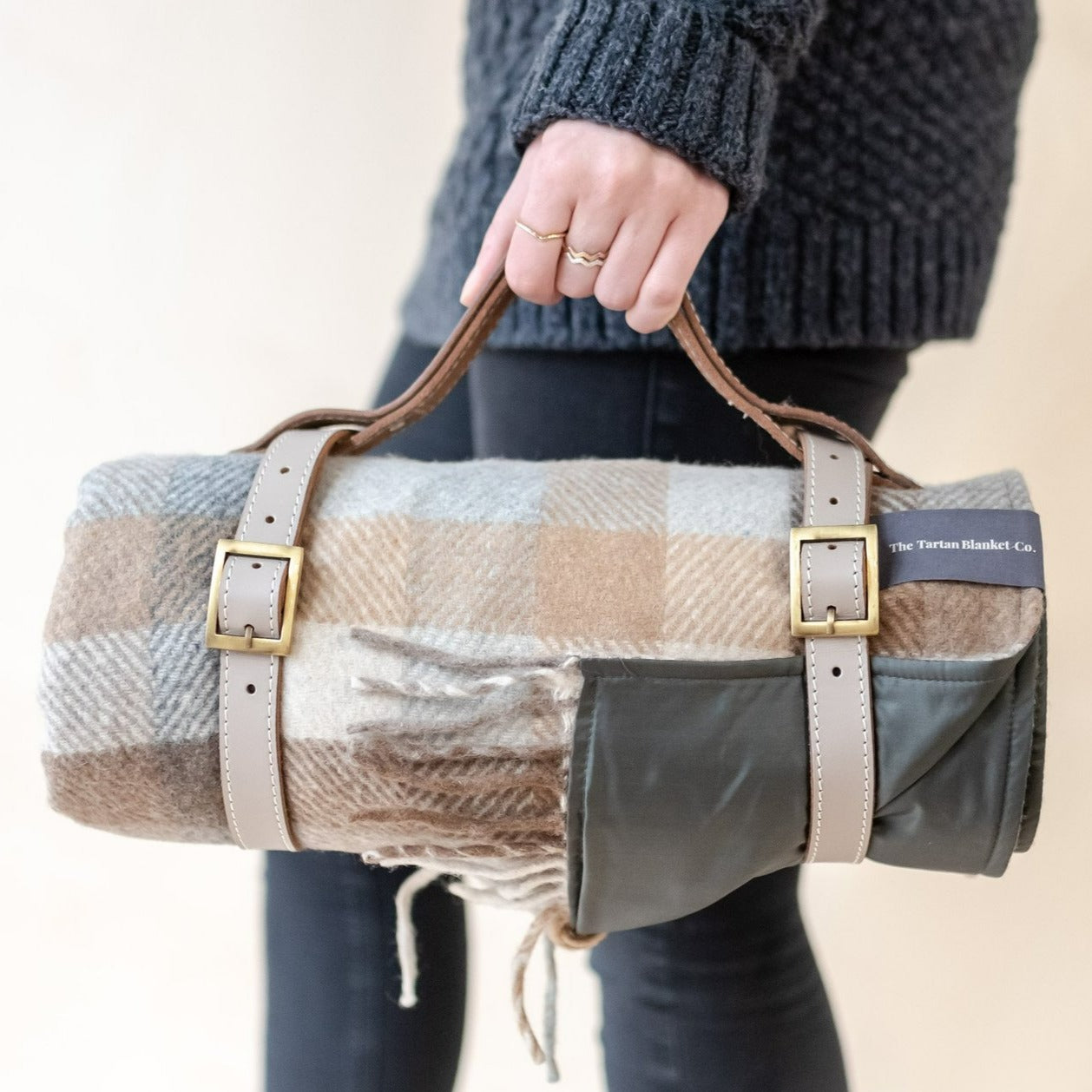 Recycled Wool Waterproof Picnic Blanket in Neutral Herringbone Check - Taupe Leather
