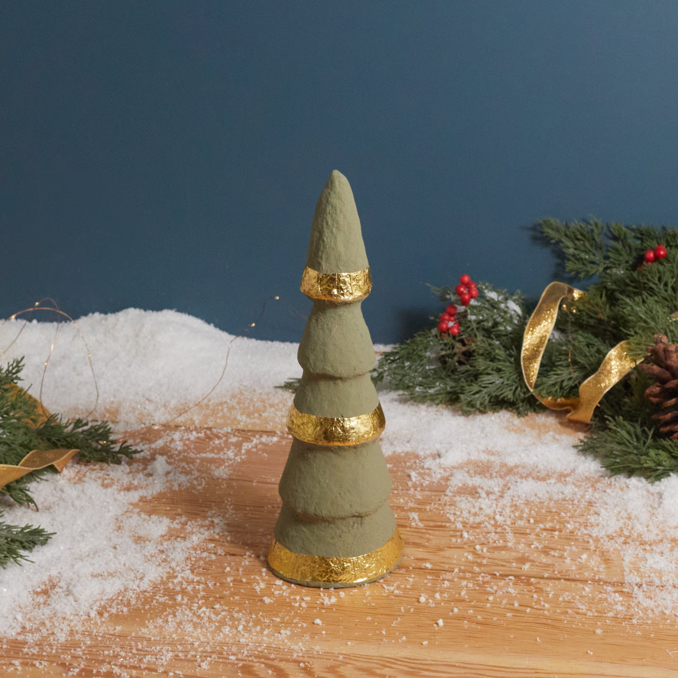 Handmade Paper Mache Trees with Gold Foil, Grey, Set of 3