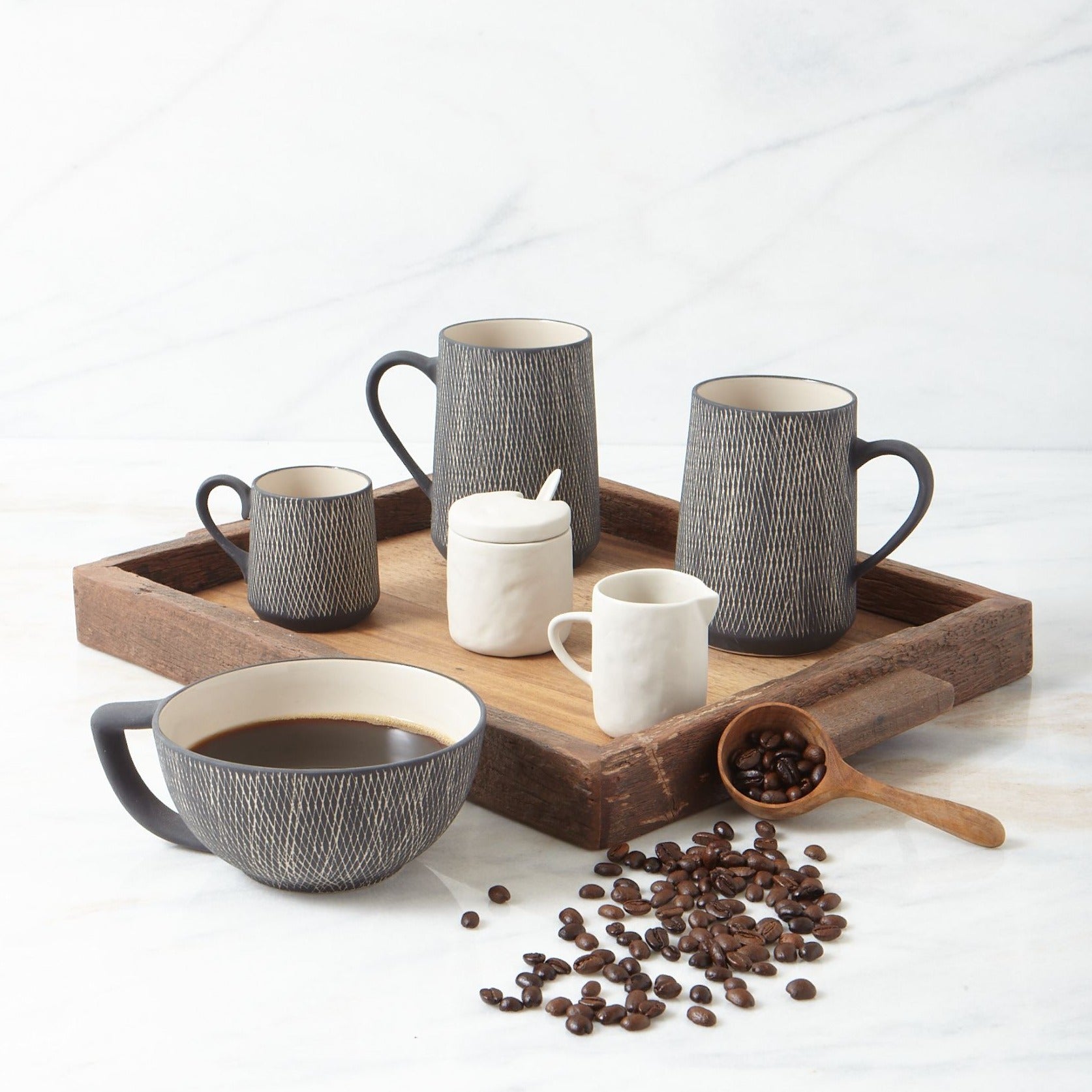 Black Crosshatch Latte Mugs, Set of 4