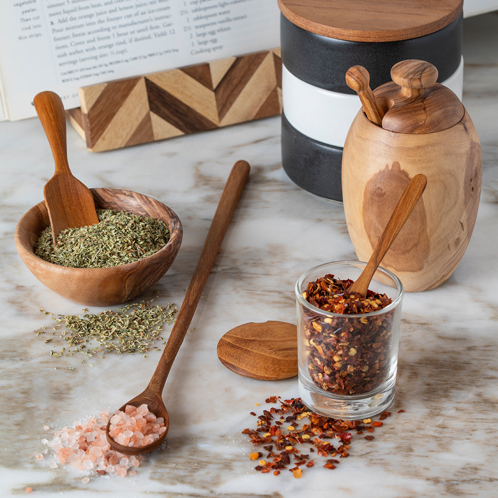 Glass Cellar with Teak Lid & Spoon